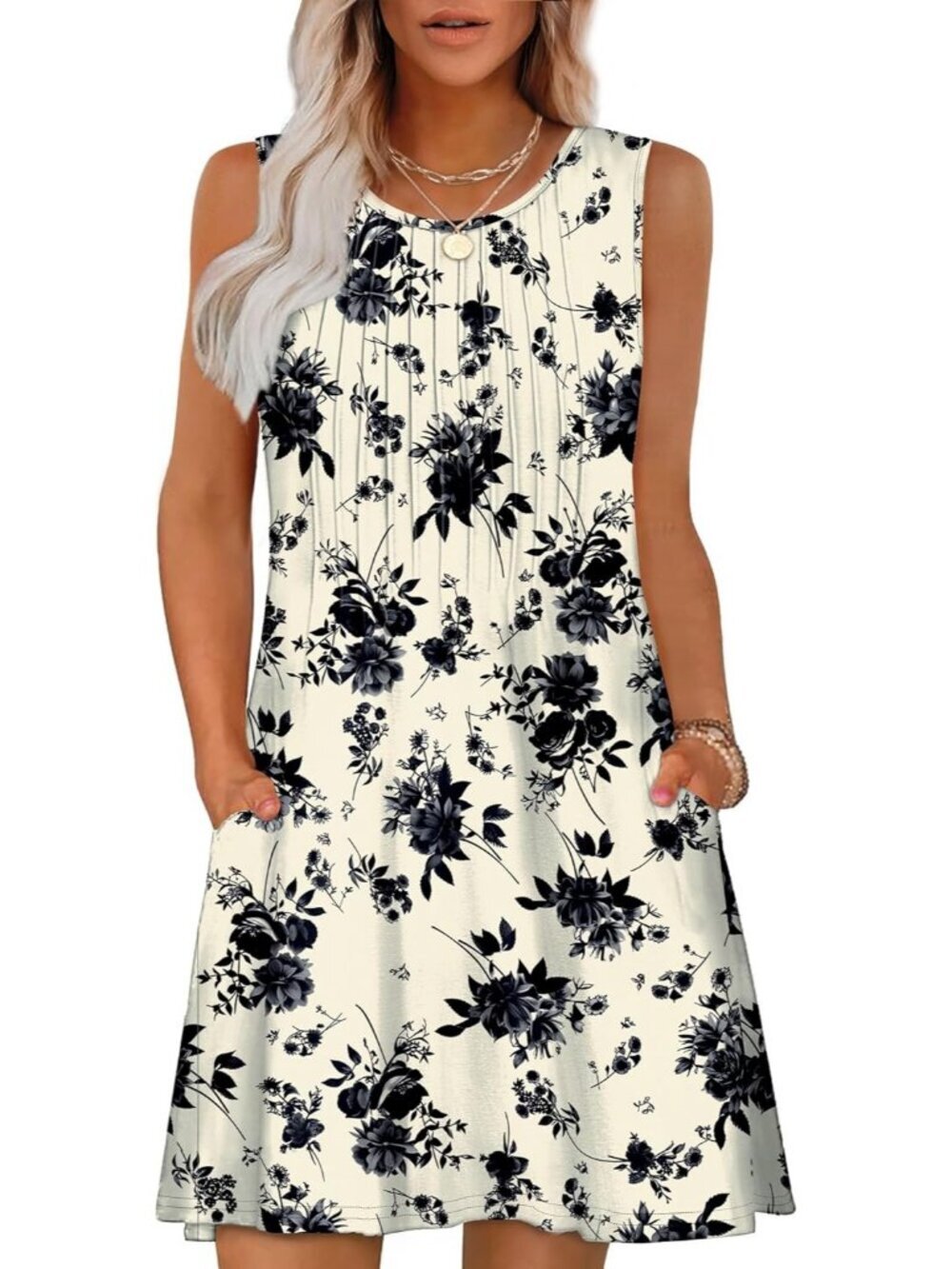 Women's Black White Floral Vacation Casual Crew Neck Sleeveless Sun Mini Dress